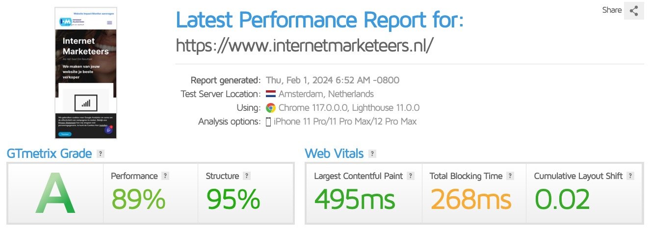 Laadtijden van de webpagina worden getoond. De score is hoog.